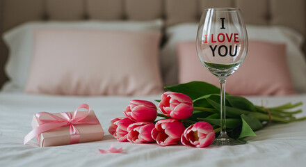 Romantic Bedside Pink Tulips Wine Glass and a Wrapped Gift Celebrating Love and Affection on a