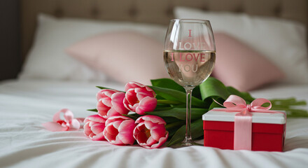 Romantic Bedside Surprise Wine Tulips and Gift for Valentine s Day Celebration or Anniversary