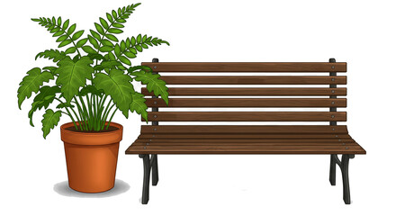 Serene Park Scene Potted Fern by Wooden Bench Outdoor Tranquility Relaxation Garden Decor Peace