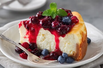 Käsekuchen mit Beeren und Beerensauce cremiger New York Cheesecake mit frischen Himbeeren Blaubeeren Brombeeren Erdbeeren und Johannisbeeren auf knusprigem Keksboden Dessert Nahaufnahme Food Fotografi