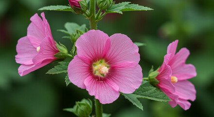 Pink Hollyhock Blooms Summer Garden Beauty Floral Close Up Delicate Petals Romantic Nature