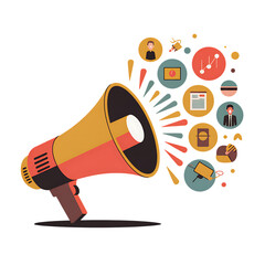 Flat Style Megaphone with Digital Marketing and Media Icons