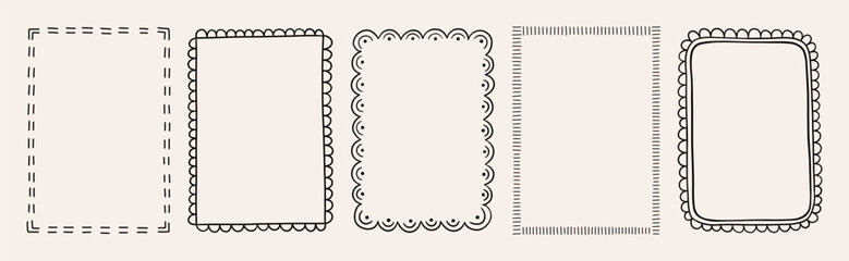 Set of decorative rectangular frames with dashed, scalloped, and lined designs. Flat hand drawn vector illustration