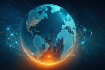 Global Business Disruption Conceptual Image with a Shaking World Globe Cityscape Overlay and Interconnected Futuristic Network Links Representing 5G Blockchain and Digital Transformation