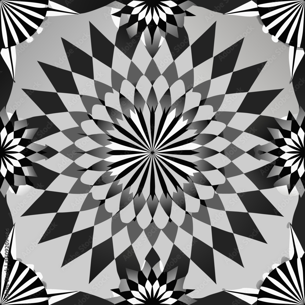 Poster radial pattern with thin lines in black and white shades, seamless vector pattern