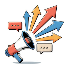 Megaphone with Arrows and Speech Bubbles Representing Communication and Promotion