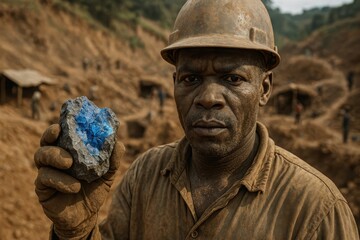 Hardworking Artisanal Miner Proudly Displaying a Raw Cobalt Ore Specimen Extracted from a Small Scale Mine Sustainable Sourcing