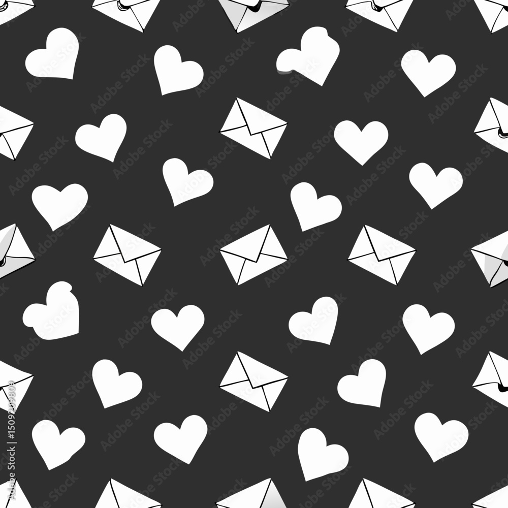 Poster seamless vector pattern with open envelopes and hearts on black