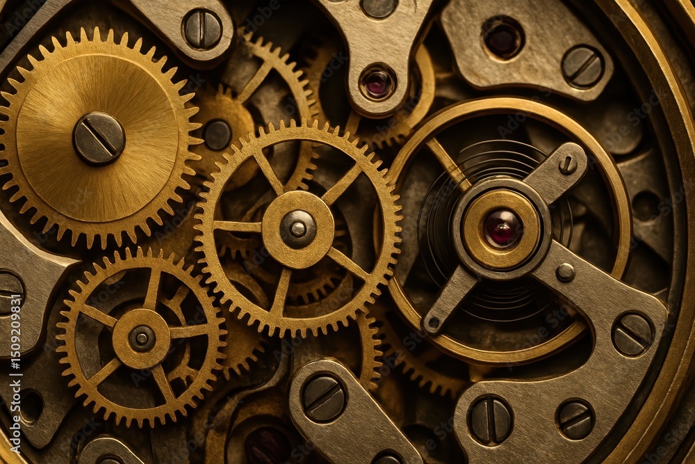Poster intricate close-up of interlocking golden gears and cogs within a vintage mechanical watch movement 