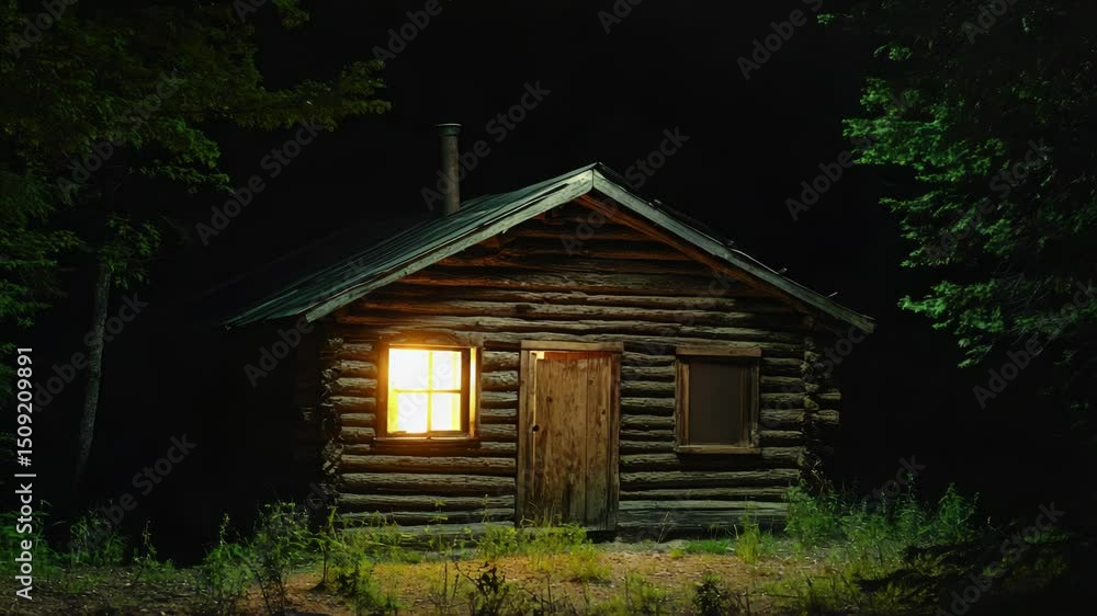 Poster a small log cabin surrounded by trees at nighttime