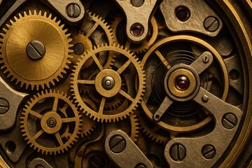 Intricate Close-up of Interlocking Golden Gears and Cogs within a Vintage Mechanical Watch Movement Showcasing Precision Engineering
