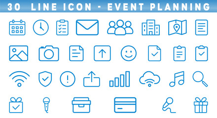 Collection of line icons showcases essential elements for event planning, from calendars and clocks to groups and checklists. Every detail assists organizers in streamlining their tasks.