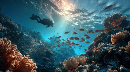 Diver explores vibrant coral reefs of Palau amidst a school of Blue Tang fish