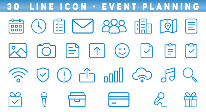 Collection of line icons showcases essential elements for event planning, from calendars and clocks to groups and checklists. Every detail assists organizers in streamlining their tasks.