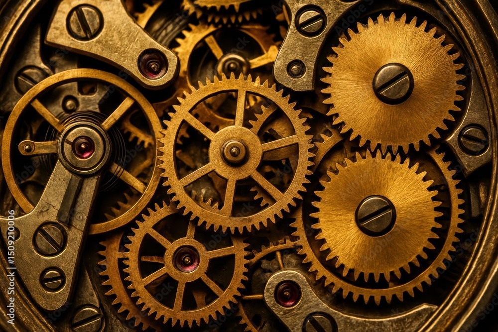 Poster intricate close-up of interlocking golden gears and cogs within a vintage mechanical watch movement 