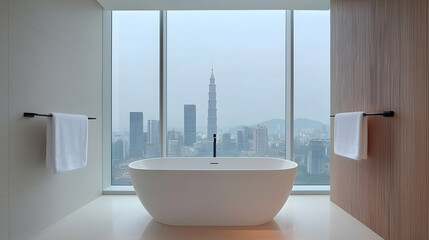 Modern Bathroom with City View and Freestanding Tub