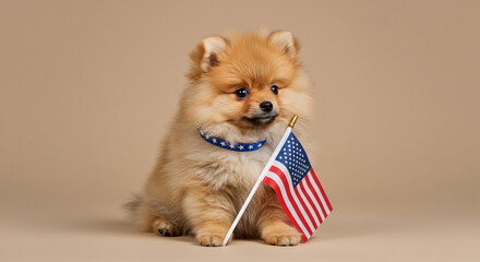 Patriotic Pomeranian Puppy with American Flag Celebrating Independence Day Cute Dog Pet Photo Image