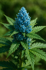 Blue-flowered cannabis plant in a garden