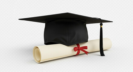 Graduation Day Black Mortarboard with Tassel and Diploma Tied with Red Ribbon Celebration Milestone