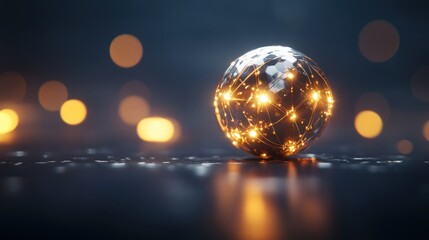 Global network connection, illuminated sphere, dark bokeh background, technology concept