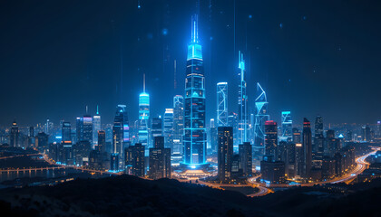 Fototapeta premium Title: Futuristic Cyberpunk Cityscape Illuminated by Neon Blue Lights at Night