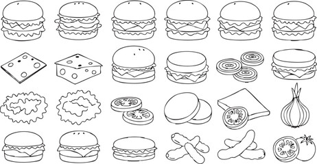 A black and white illustration of various burger ingredients and assembled burgers in rows and columns