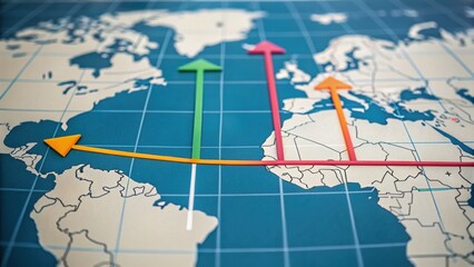 World map with colored arrows indicating direction and movement across continents, symbolizing travel and global connections.