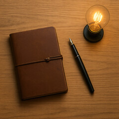 Notebook and pen on a wooden table, ideal for business, education, or daily note-taking