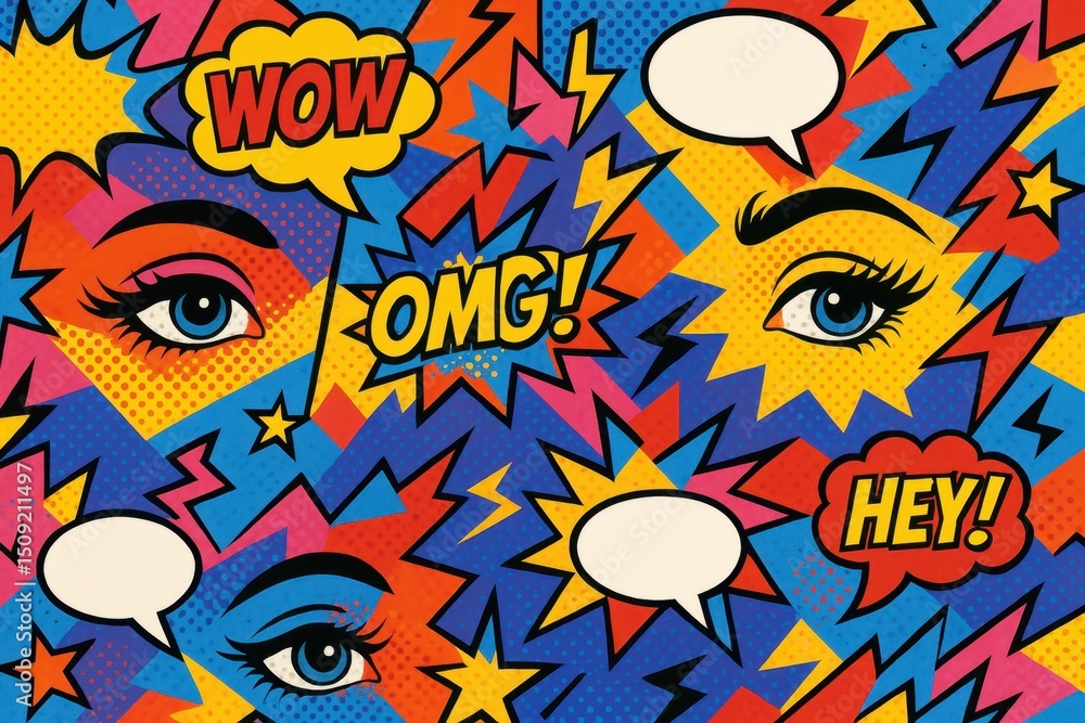 Poster seamless retro pop art collage pattern with bold comic book elements speech bubbles and vibrant 90s 
