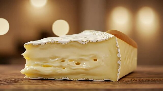 Close-up of Brie cheese wedge on a wooden table