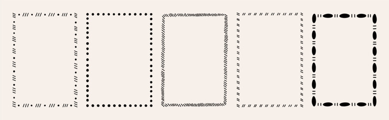 Set of five abstract rectangular frames with different dash and dot patterns. Hand drawn vector illustration