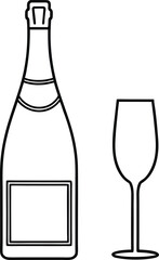 Minimal outline drawing shows a champagne bottle with glass isolated on transparent background