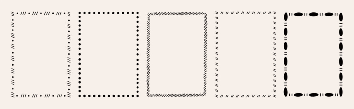 Set of five abstract rectangular frames with different dash and dot patterns. Hand drawn vector illustration
