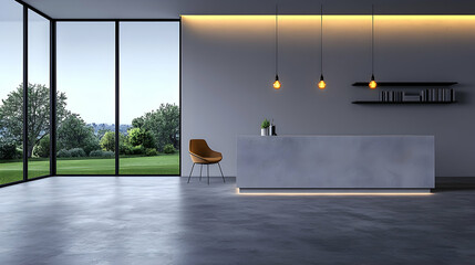 Modern Minimalist Office Interior with Concrete Counter and Landscape View