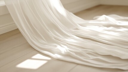 Obraz premium Sunlight streams onto creamy fabric draped on light wood floor. Home decor, website background