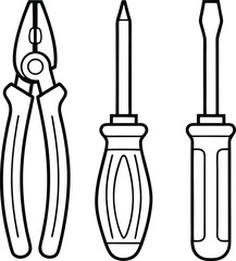 Outline black lines showcase a plier and two screwdrivers presented on white background