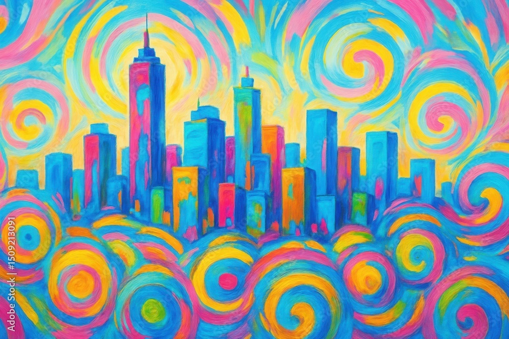 Poster vibrant abstract cityscape rendered with dynamic circular brush strokes and a kaleidoscope of bright