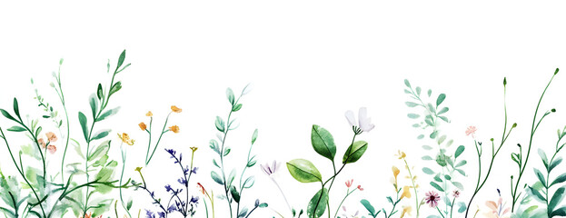 Border made of watercolor wild flowers and leaves, summer wedding and greeting illustration