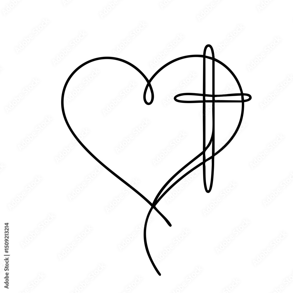 Poster heart shape with a christian cross in minimalist design