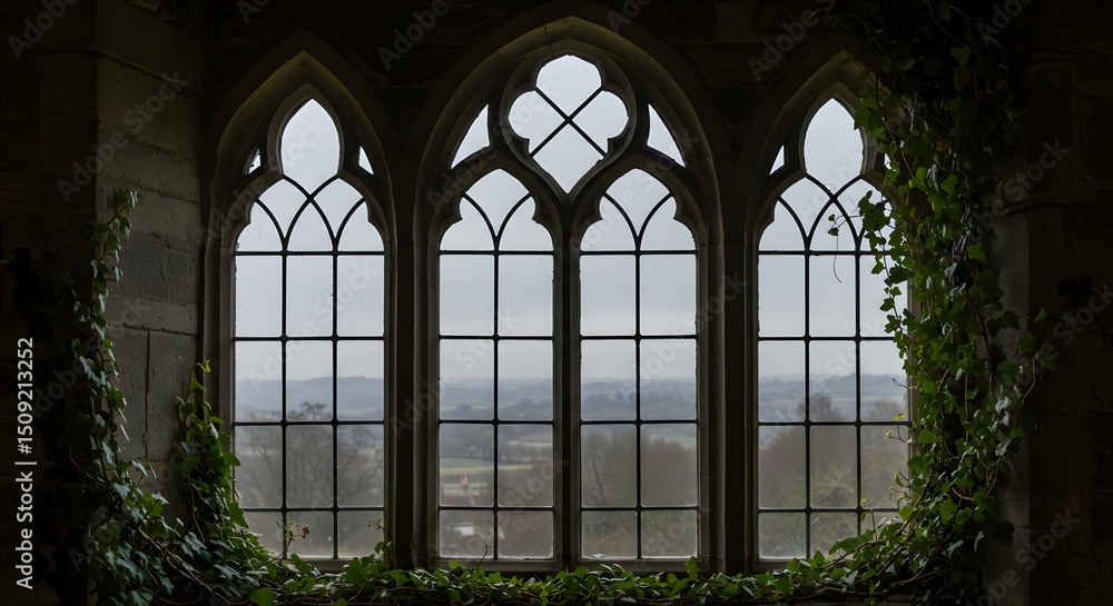 Poster gothic window view: medieval architecture with ivy, overlooking a rolling landscape in atmospheric l