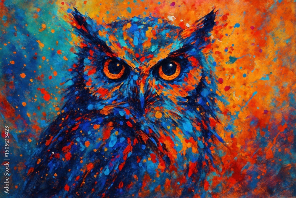 Aufkleber vibrant abstract owl portrait created with dynamic paint splashes and splatter technique on a colorf