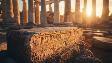 Ancient roman ruins at sunset with carved stone and columns