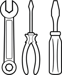 Outline of basic hand tools, including wrench and screwdrivers, arranged against a transparent backdrop