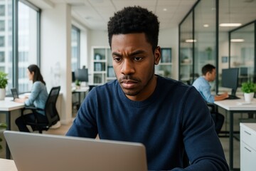 Fototapeta premium Young African American Male Professional Working in a Bright Modern Tech Office Collaborative Workspace Environment