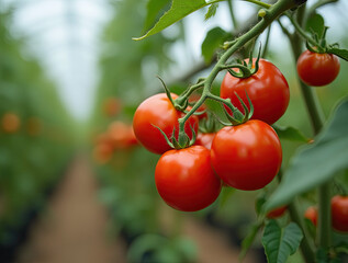 A photorealistic close-up of a vibrant cluster of ripe red tomatoes hanging from a thick green vine inside a modern greenhouse. The tomatoes are round, glossy, and plump, with subtle highlig
