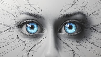 Obraz premium Close-up of a woman's face with bright blue eyes and circuit-like lines.