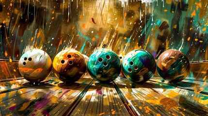 A painting of bowling balls in a bowling alley