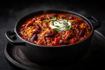 Chili con Carne mit Kidneybohnen und Sauerrahm würziges Hackfleisch-Bohnen-Eintopfgericht mexikanische Tex-Mex Küche dampfend heiß serviert mit frischer Petersilie Nahaufnahme Food Fotografie