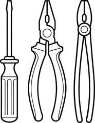 Outlined hand tools like a screwdriver and pliers are shown on a white background