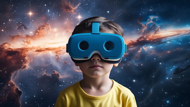 Boy wearing VR headset immersed in a cosmic virtual reality experience
